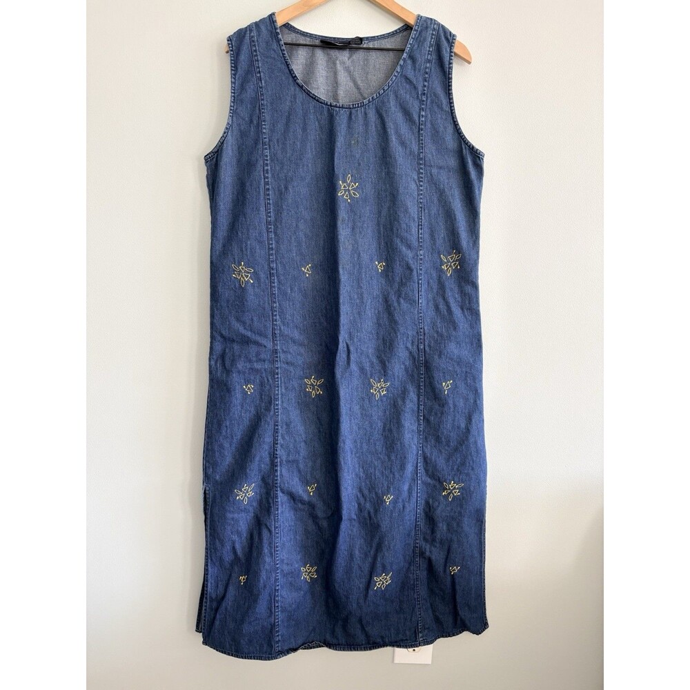 My Choice Yellow Embroidered Denim Sleeveless Dress Womens 1X Vintage